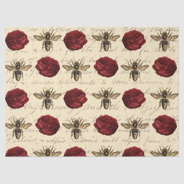 Red Roses and Brown Bees Decoupage Tissue Paper (Front)