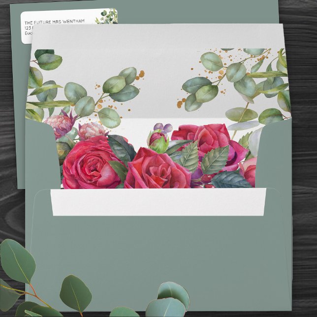 Red Roses and Eucalyptus Greenery Wedding Envelope (Romantic floral green wedding envelopes  from my Red Rose and Eucalyptus Wedding Collection)