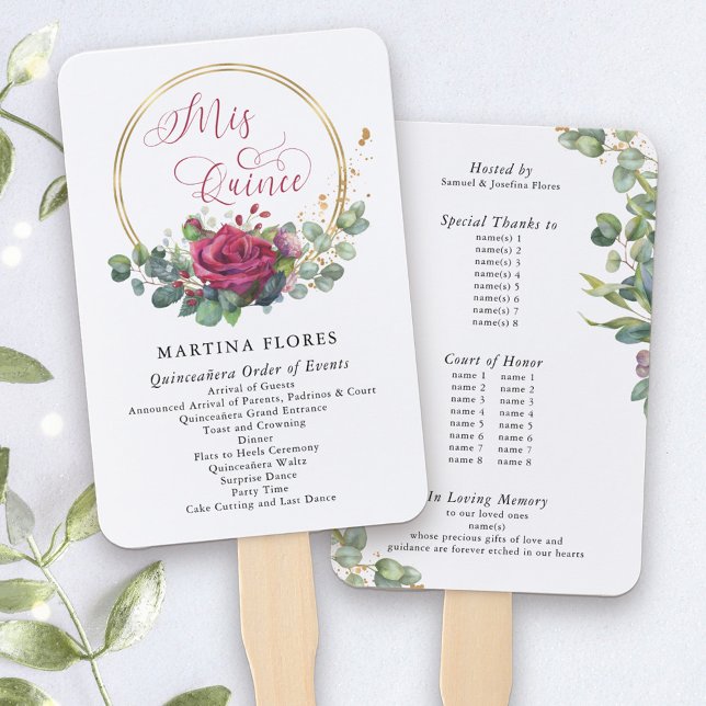 Red Roses and Eucalyptus Order of Events Hand Fan (Mis Quince Programs, printed on hand fans. Add any info you wish such as order of events, VIP names)