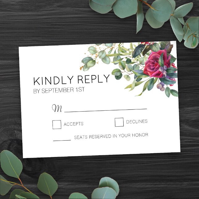 Red Roses and Eucalyptus Wedding Simple RSVP Card (Romantic floral wedding RSVP card from my Red Rose and Eucalyptus Wedding Collection)