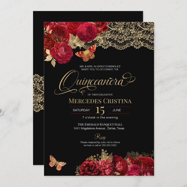 Red Roses and Gold Lace Glam Butterfly Quinceañera Invitation (Front/Back)