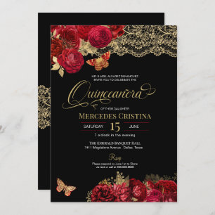 Red Roses and Gold Lace Glam Butterfly Quinceañera Invitation