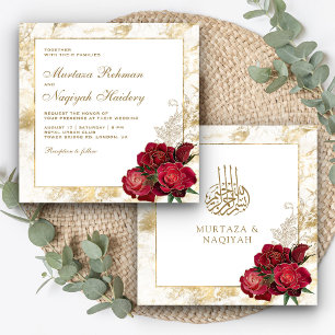 Red Roses and Gold Marble Islamic Muslim Wedding Invitation