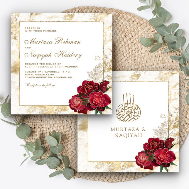 Red Roses and Gold Marble Islamic Muslim Wedding Invitation (Creator Uploaded)