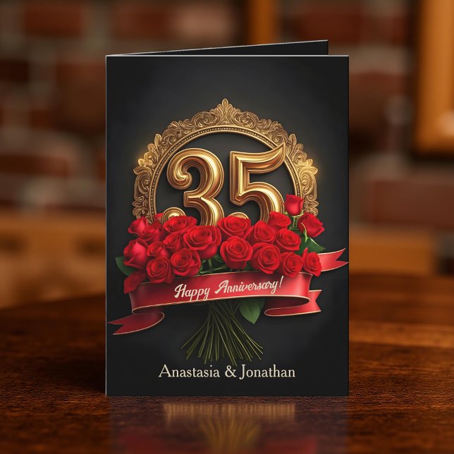 Red Roses and Gold Number 35th Wedding Anniversary Card (Creator Uploaded)