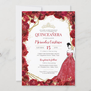 Red Roses and Gold Quinceanera Invitation