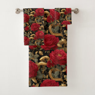 Red Roses and Golden Snakes Pattern Bath Towel Set