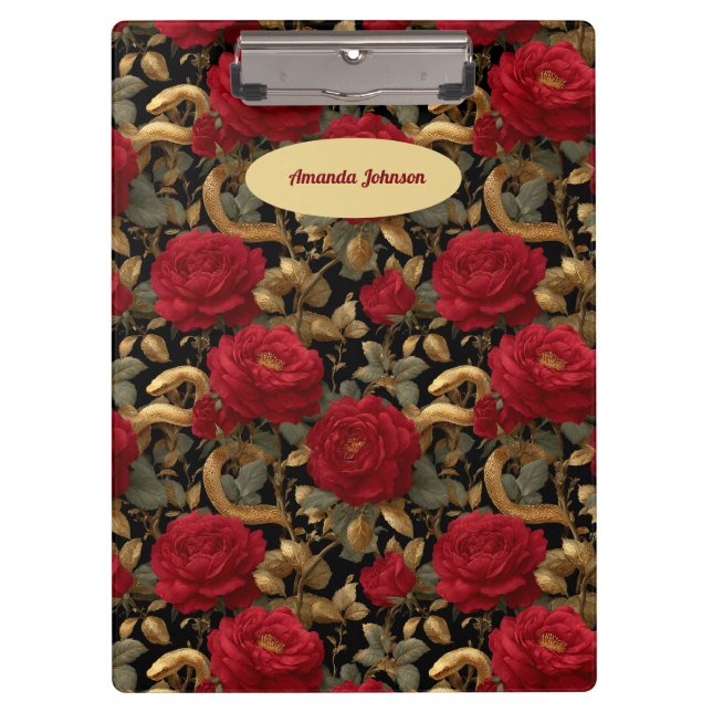 Red Roses and Golden Snakes Pattern Clipboard (Front)