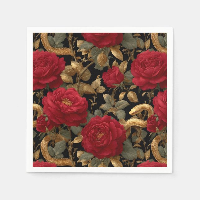 Red Roses and Golden Snakes Pattern Napkin (Front)
