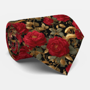 Red Roses and Golden Snakes Pattern Tie
