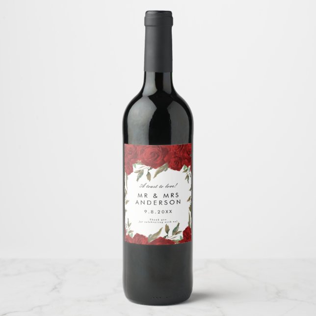 red roses and greenery wedding party bottle wine label (Front)