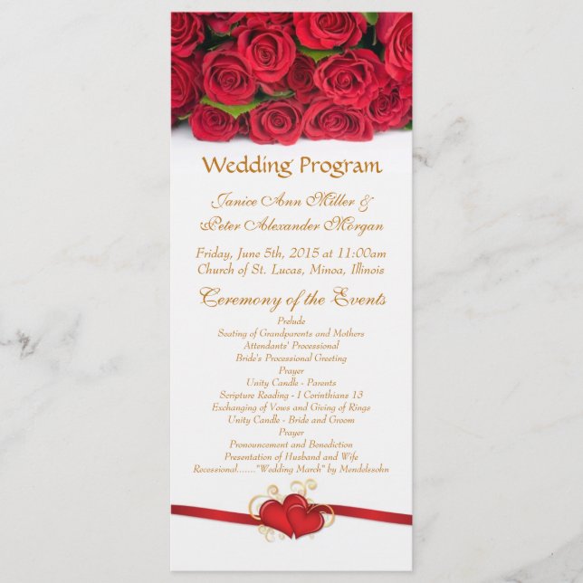 Red roses and heart Wedding Program (Front)