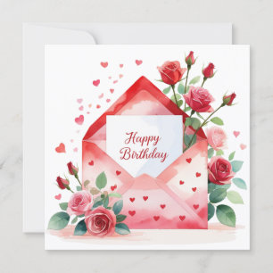 Red roses and hearts. Birthday Holiday Card