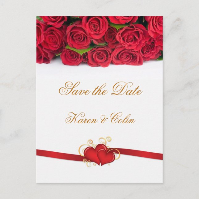 Red roses and hearts Save the Date Announcement Postcard (Front)