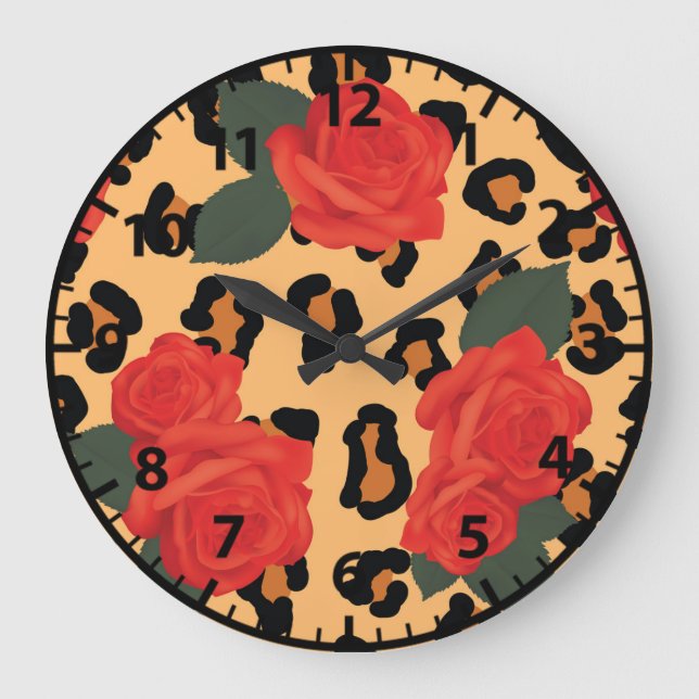 Red Roses and Leopard Print Large Clock (Front)