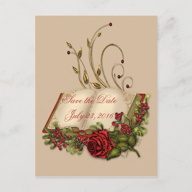 Red Roses and Open Bible Embellished Save the Date Announcement Postcard (Front)