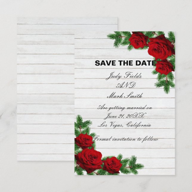 Red Roses And Pine Branch Christmas Save The Date (Front/Back)