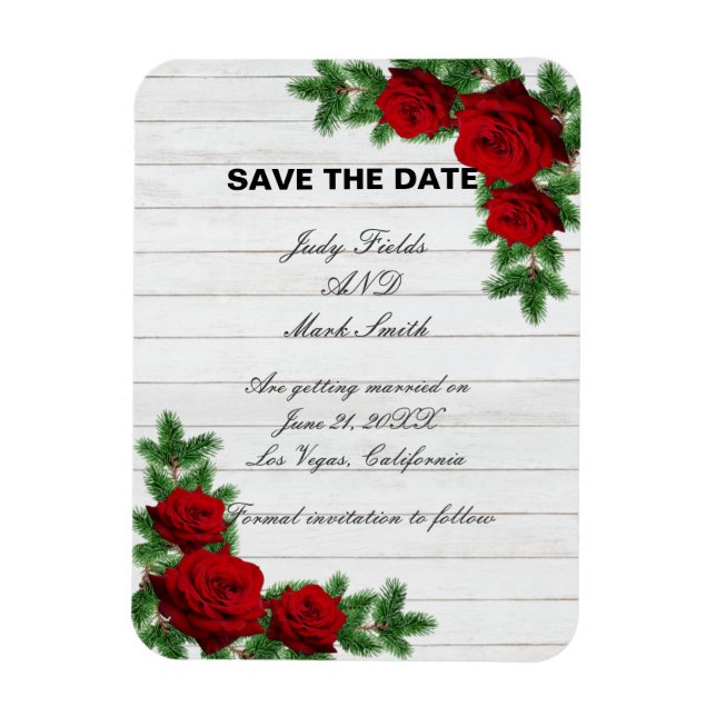 Red Roses And Pine Branch Christmas Save The Date Magnet (Vertical)