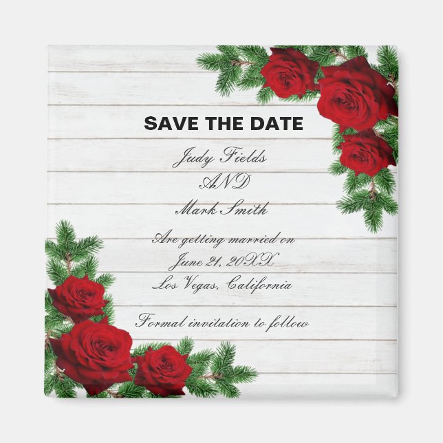 Red Roses And Pine Branch Christmas Save The Date Magnet (Front)