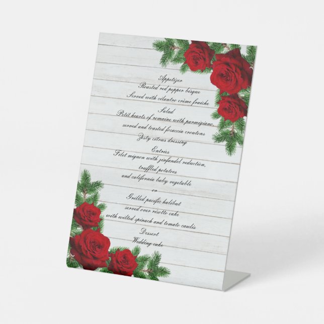 Red Roses And Pine Branch Christmas Wedding Menu Pedestal Sign (Front)