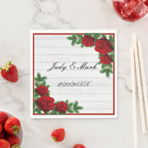 Red Roses And Pine Branch Christmas Wedding Napkin