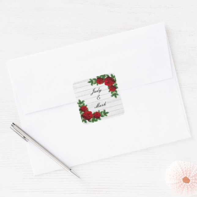 Red Roses And Pine Branch Christmas Wedding Seal (Envelope)