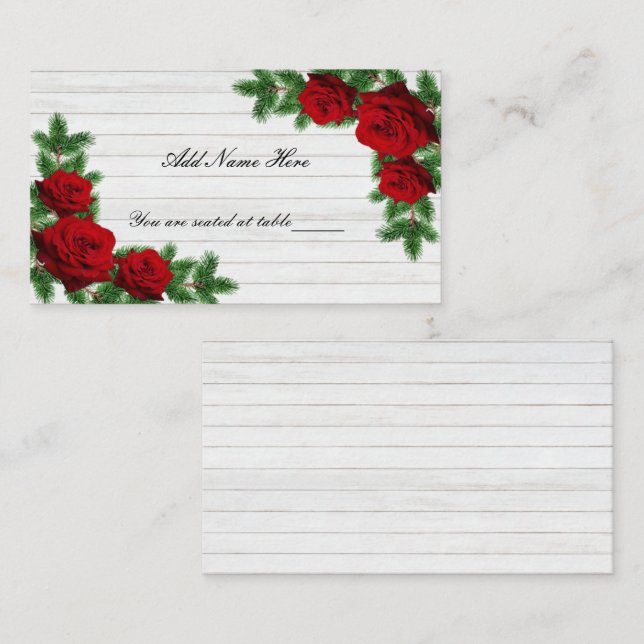 Red Roses And Pine Branch Christmas Wedding Table Place Card (Front/Back)