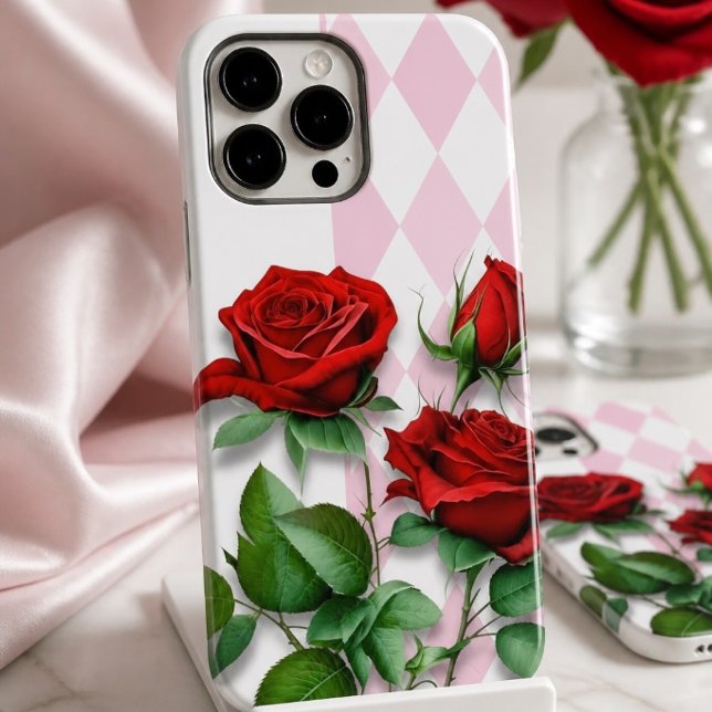 Red Roses and Pink and White Diamond Pattern Case-Mate iPhone Case (Creator Uploaded)