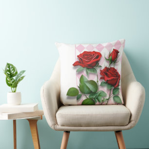 Red Roses and Pink and White Diamond Pattern Cushion