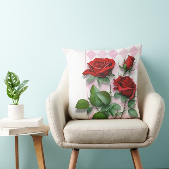 Red Roses and Pink and White Diamond Pattern Cushion (Chair)
