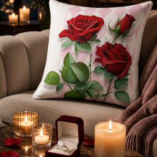 Red Roses and Pink and White Diamond Pattern Cushion