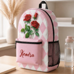 Red Roses and Pink and White Diamond Pattern Printed Backpack