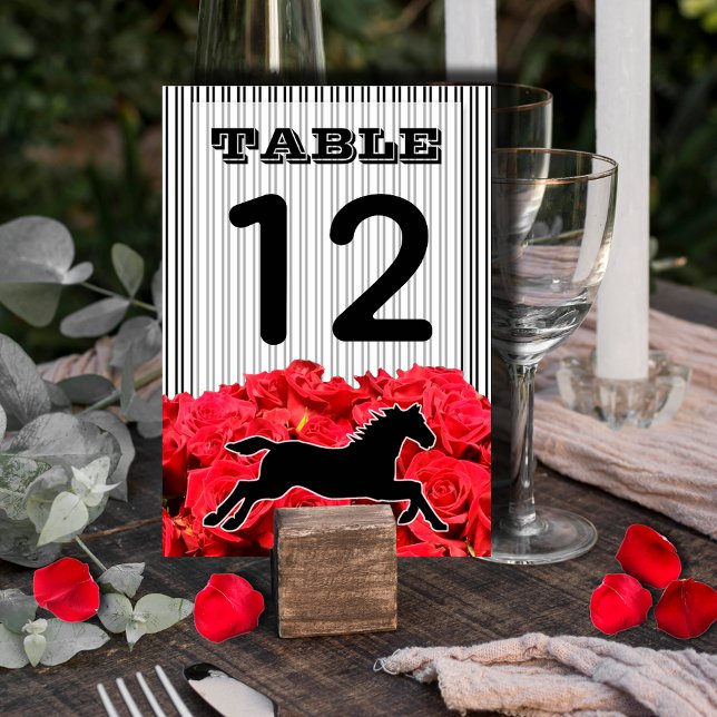 Red Roses and Racehorse Derby Bridal Shower Table Number (Printed on both sides, 5"l x 3.5", add card stands for easy table card placement on your tables)