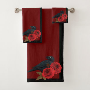 Red Roses and Raven Bath Towel Set