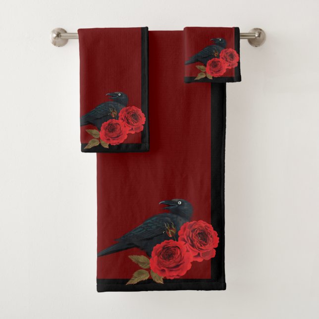 Red Roses and Raven Bath Towel Set (Insitu)