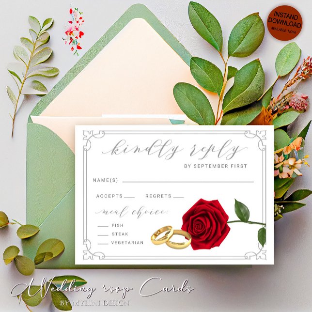Red Roses and Rings Floral Wedding RSVP Card (Creator Uploaded)