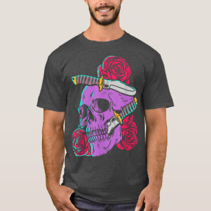 Red Roses and Skull with Knife Gothic Calaveras Sk T-Shirt