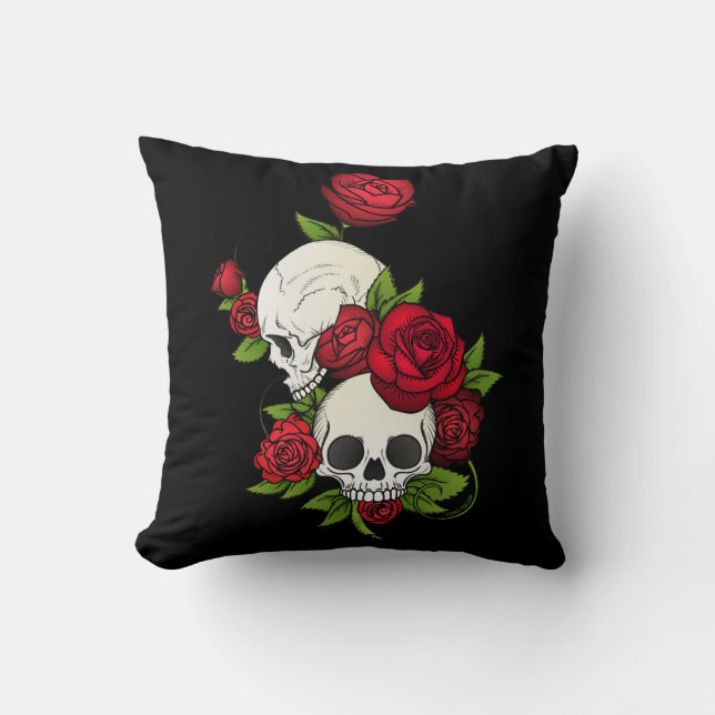 Red Roses and Skulls Happy Day of the Dead Cushion (Front)