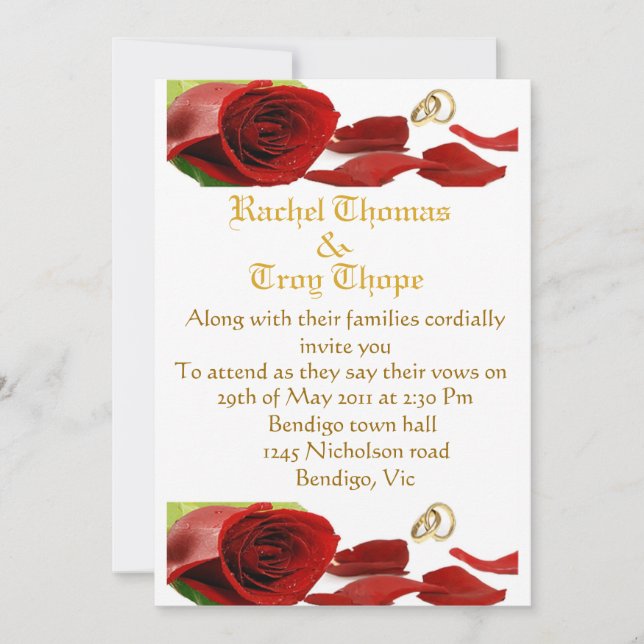 Red roses and wedding ring invitation (Front)