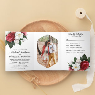 Red Roses and White Magnolia Botanical Wedding Tri-Fold Invitation