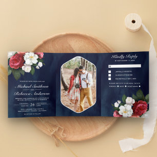 Red Roses and White Magnolia Navy Blue Wedding Tri-Fold Invitation