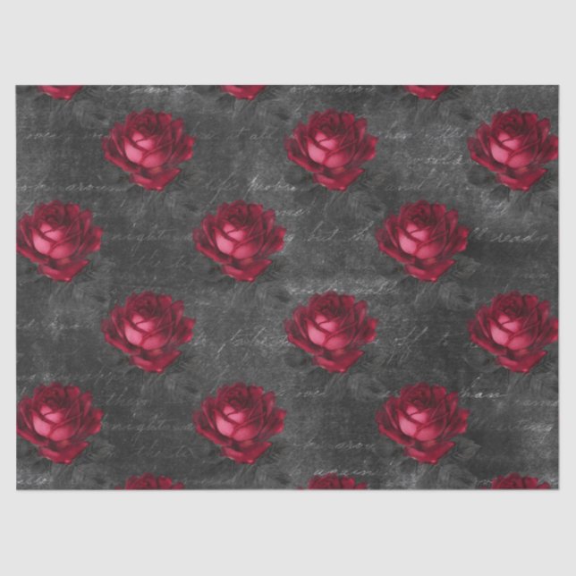 Red Roses and Writing on Grey Decoupage Tissue Paper (Front)