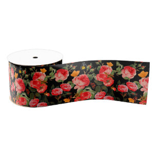 RED ROSES AND YELLOW BUTTERFLIES Black Floral Grosgrain Ribbon