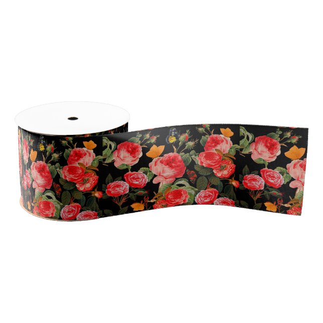 RED  ROSES AND YELLOW BUTTERFLIES Black Floral Grosgrain Ribbon (Spool)