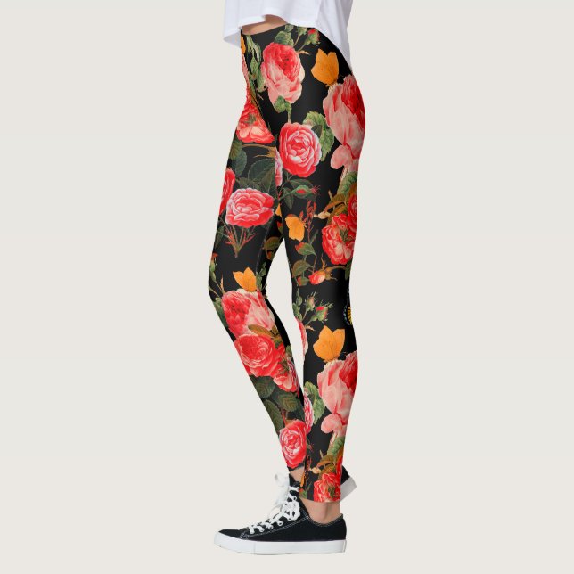 RED ROSES AND YELLOW BUTTERFLIES Black Floral Leggings (Left)