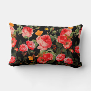 RED ROSES AND YELLOW BUTTERFLIES Black Floral Lumbar Cushion