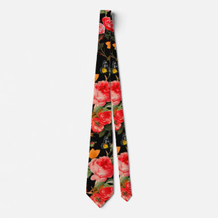 RED ROSES AND YELLOW BUTTERFLIES Black Floral Tie