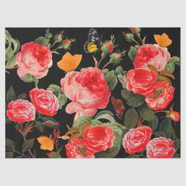 RED ROSES AND YELLOW BUTTERFLIES Black Floral Tissue Paper (Front)