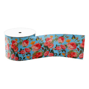 RED ROSES AND YELLOW BUTTERFLIES Blue Floral Grosgrain Ribbon