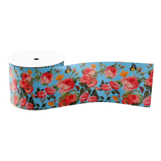 RED ROSES AND YELLOW BUTTERFLIES Blue Floral Grosgrain Ribbon (Spool)